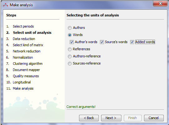 Selection of the unit of analysis in the wizard